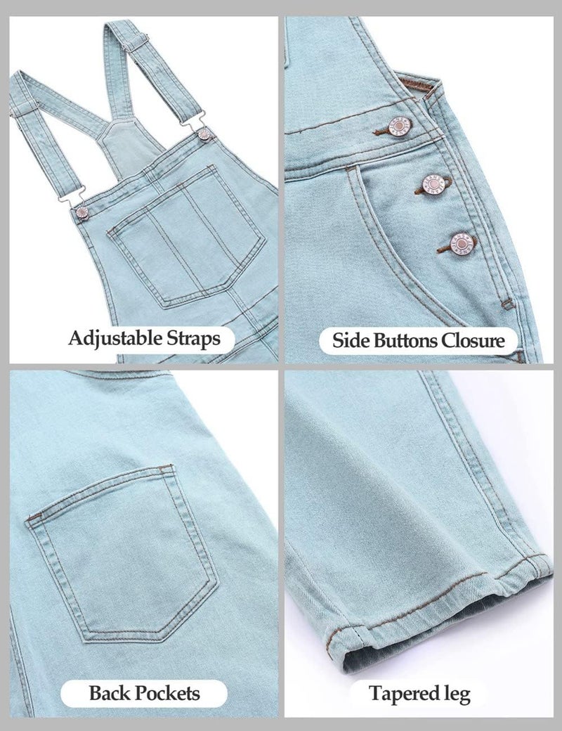 Vetinee Women's Azure Glow Adjustable Straps Pockets Boyfriend Denim Bib Overalls Jeans Pants Small - Image 5